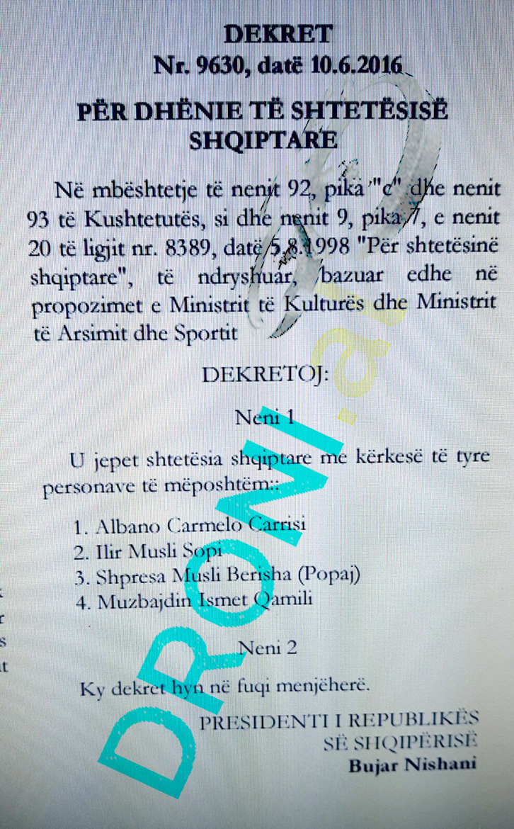 albano karrizi, dekreit nenshtetesise