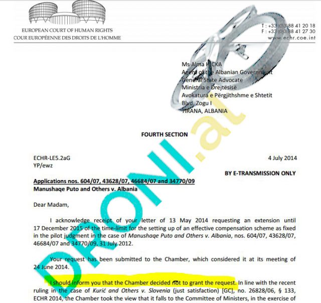 PRONAT, DOKUMENTI/Gjykata Europiane refuzoi kërkesën e qeverisë shqiptare që më 2014